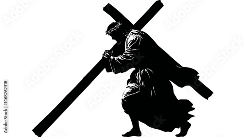 Jesus carrying the cross silhouette, dark medieval style, simple silhouette black vector,  -  