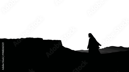 Jesus in the wilderness silhouette, desert and temptation, simple silhouette black vector,  -  