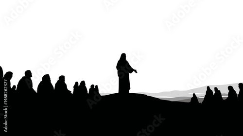 Jesus teaching crowds silhouette, minimalist desert scene, simple silhouette black vector,  -  