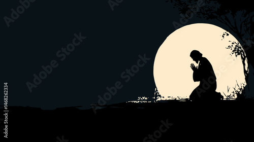 Jesus praying in Gethsemane silhouette, moonlit background, simple silhouette black vector,  -  
