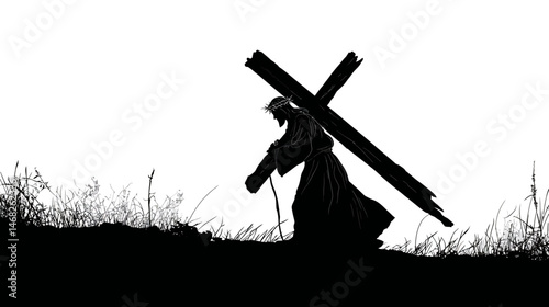 Jesus carrying the cross silhouette, dark medieval style, simple silhouette black vector,  -  