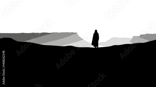 Jesus in the wilderness silhouette, desert and temptation, simple silhouette black vector,  -  