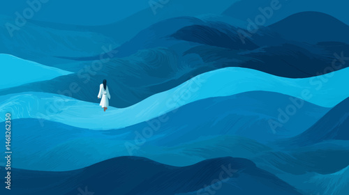 Jesus Walking on Water - A dynamic vector with fluid waves and a serene Jesus stepping over them.  -  