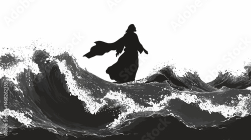 Jesus walking on water silhouette, stormy waves, simple silhouette black vector,  -  