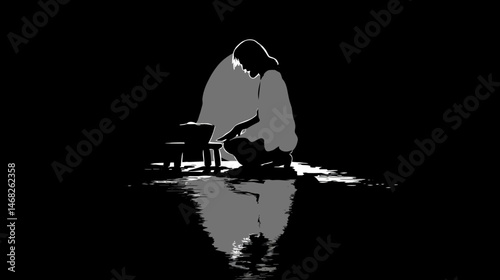 Jesus washing feet silhouette, intimate low-light scene, simple silhouette black vector,  -  