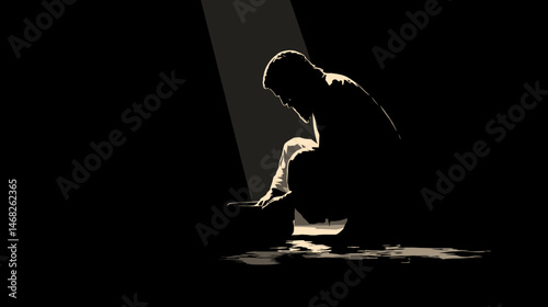 Jesus washing feet silhouette, intimate low-light scene, simple silhouette black vector,  -  