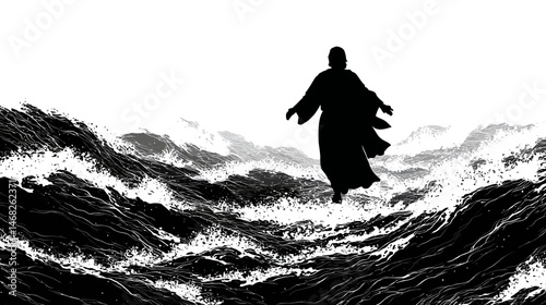 Jesus walking on water silhouette, stormy waves, simple silhouette black vector,  -  