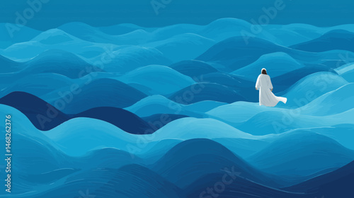 Jesus Walking on Water - A dynamic vector with fluid waves and a serene Jesus stepping over them.  -  