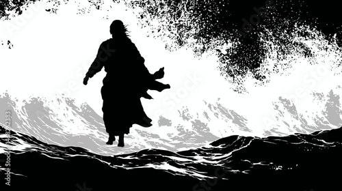 Jesus walking on water silhouette, stormy waves, simple silhouette black vector,  -  