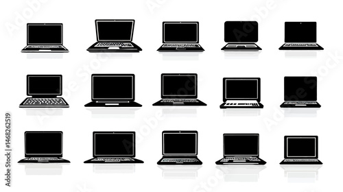 Laptop computer icons set simple black silhouette vector isolated on white background  -  