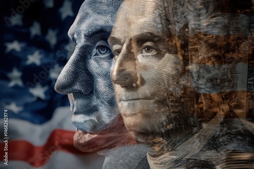 Double exposure of founding fathers and U.S. flag.