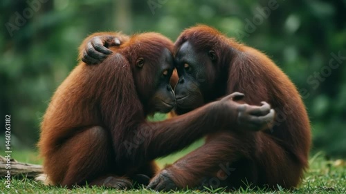Orangutan pair embracing in lush jungle. Video of two orangutans couple. Together in love. International Orangutan Day August 19th. Critically endangered. Orangutan conservation and Preservation