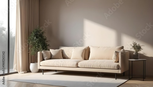 Beige Sofa in Minimalist Living Room with Sunlight