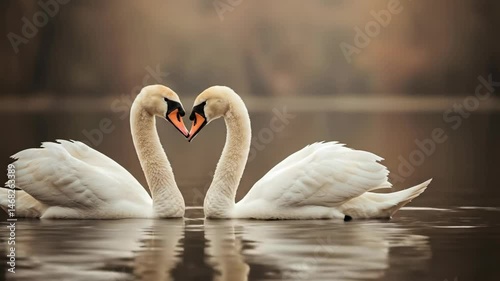 Swan pair forming heart shape with necks on calm water. Video of two swans romantic couple together in love. Valentine's Day concept.