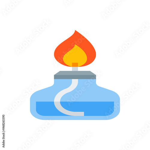 Illustration of a blue spirit lamp with a visible wick and a bright orange and yellow flame burning on top