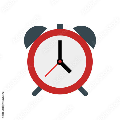 Illustration of a red alarm clock with black hands and gray bells on a white background showing the time