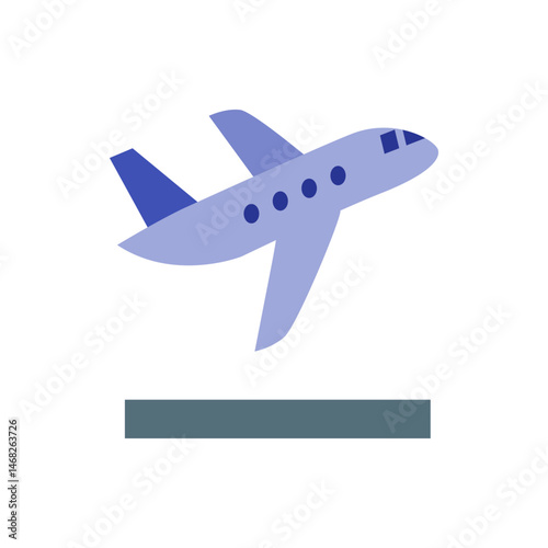 Illustration of a light blue airplane taking off with dark blue accents and a gray runway below it