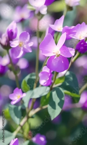 Blurred purple and pink flowers close up