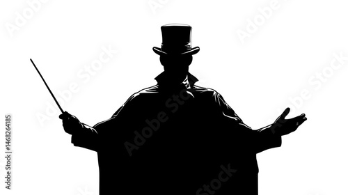 Magician with hat and wand silhouette vector isolated on white background  -  