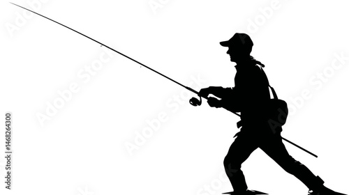 Man fishing with rod silhouette vector isolated on white background  -  