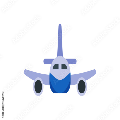 Front view of a blue and light purple airplane with visible wings and tail fin in a cartoon style design