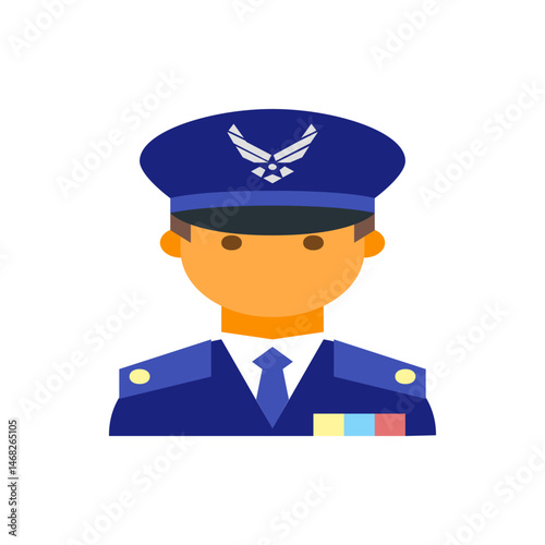 Illustration of a person in a blue air force uniform with a hat and tie against a white background