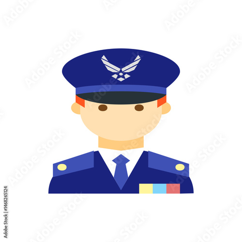 Illustration of a uniformed air force officer with a hat and tie in a stylized flat design format image