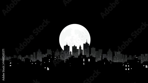 Moonlit city simple black silhouette vector isolated on white background  -  