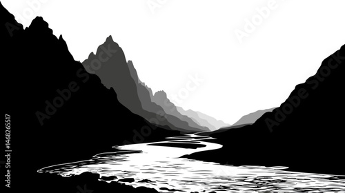 Mountain river landscape simple black silhouette vector isolated on white background  -  
