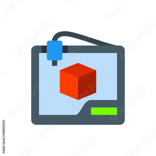 3d printer creating a red cube on a light blue platform with a blue nozzle and a green button on the side