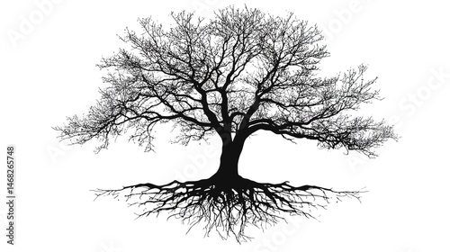 Old tree silhouette with roots vector isolated on white background  -  