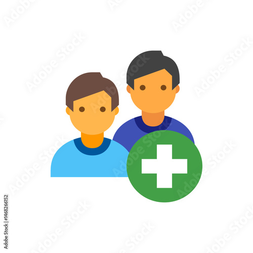 Two people avatars with orange skin tones and a green circle with a white plus sign on the right side image