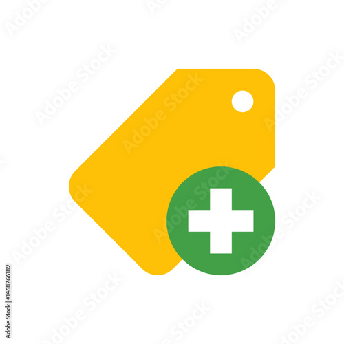 Illustration of a yellow tag with a white hole and a green circle with a white plus symbol overlayed