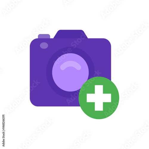 Purple camera icon with a lens and a green plus sign indicating an addition or new feature symbol icon