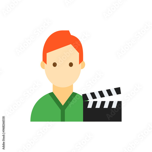 A person with red hair and a green shirt holding a clapperboard for film production in a flat style