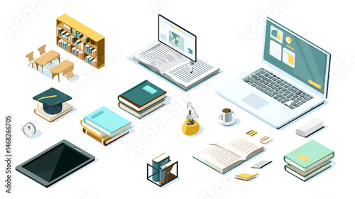 Online education isometric set simple vector on white background  -  