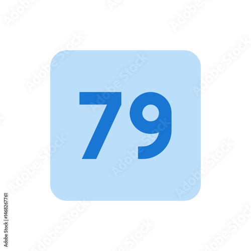 Illustration of the number seventy nine in a blue color on a light blue rounded square background