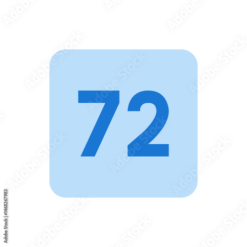 The image displays the number seventy two in blue on a light blue rounded square background centrally placed