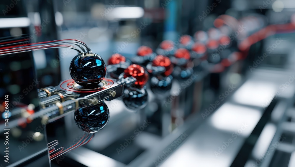 Fototapeta premium Futuristic machinery with black and red spheres.