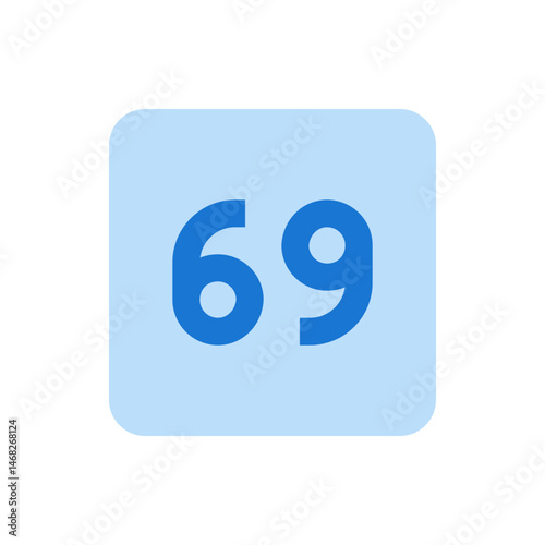 Illustration of the number sixty nine in blue on a rounded light blue square background design element