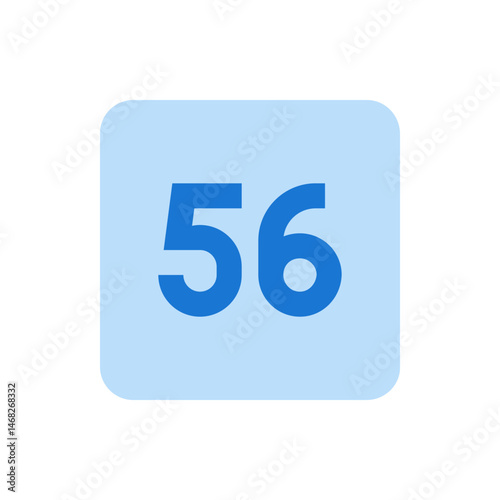 The image shows a light blue rounded square with the number fifty six in a darker blue color center