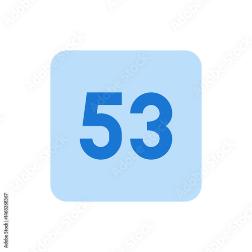 The image shows the number fifty three in blue color on a light blue rounded square background design element