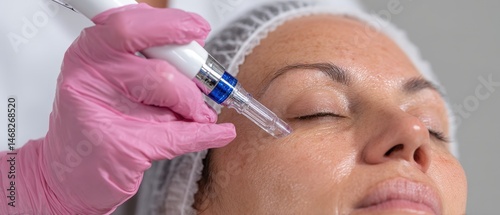 Woman receiving professional facial microneedling treatment.