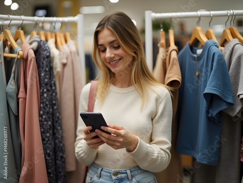 A woman is shopping for clothes with a mobile phone