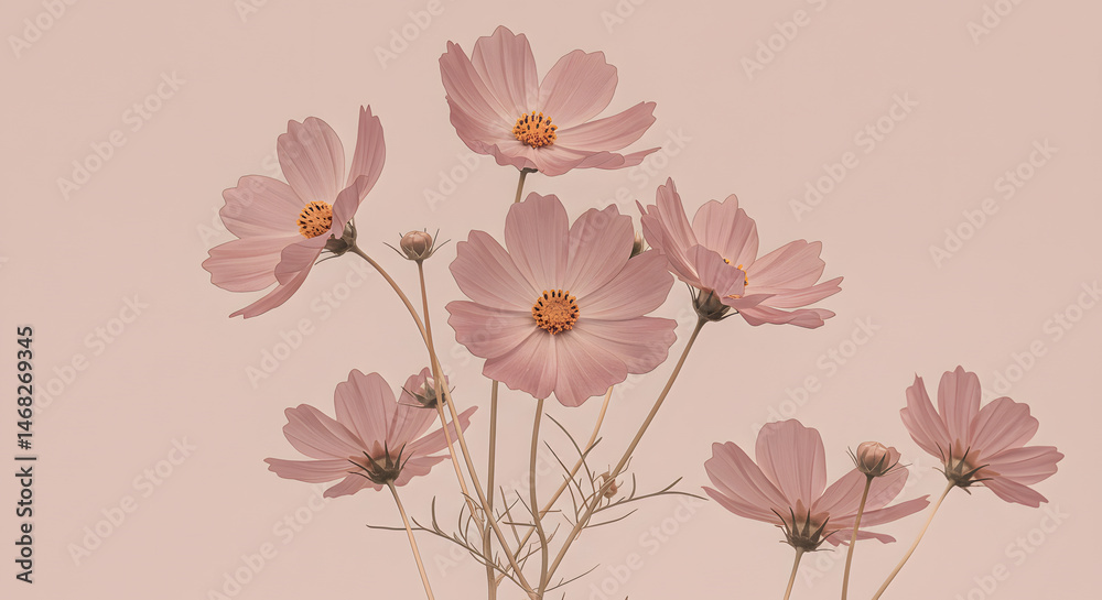 Fototapeta premium Soft pink Cosmos flowers botanical background, delicate composition, perfect for beauty, wellness, and fashion content