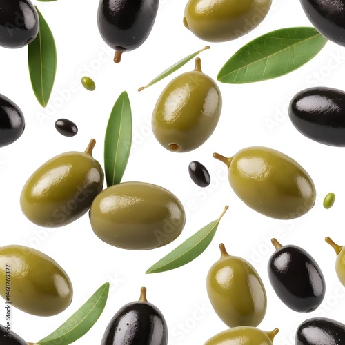 Falling Green and Black Olives with Leaves