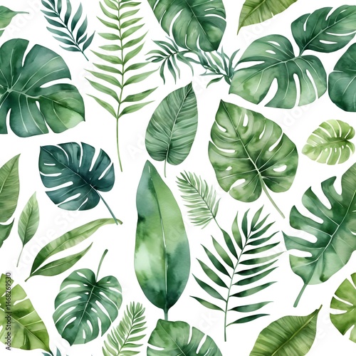 Watercolor Tropical Leaves Seamless Pattern