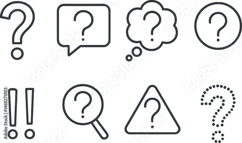Question and alert silhouette icons set – solid, filled, warning and information symbols
