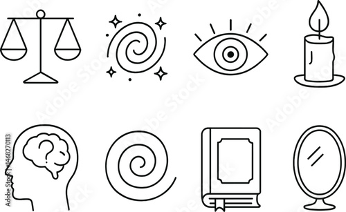 Mystical wisdom linear icons set – spirituality, esoteric, enlightenment symbols