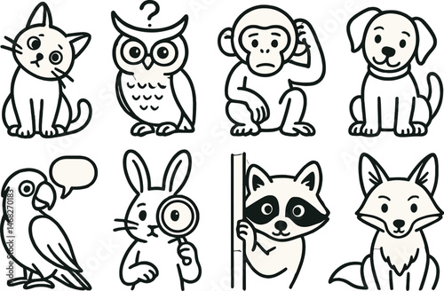Cute animal outline icons set – line, linear, cartoon and drawing style graphics
